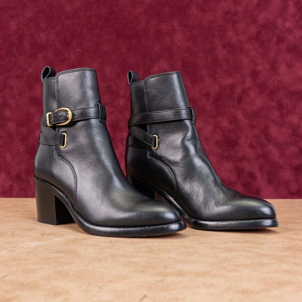 Veronica Beard Women Sohelia Black Leather Buckle Chucky Block Heel Boots size 5
